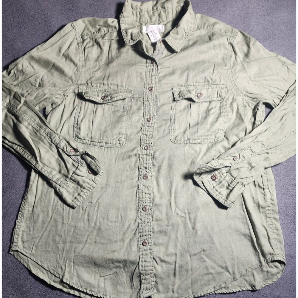 LOGG Top Women Size 14 Army Green Long Sleeve Button Up Solid Collared Casual